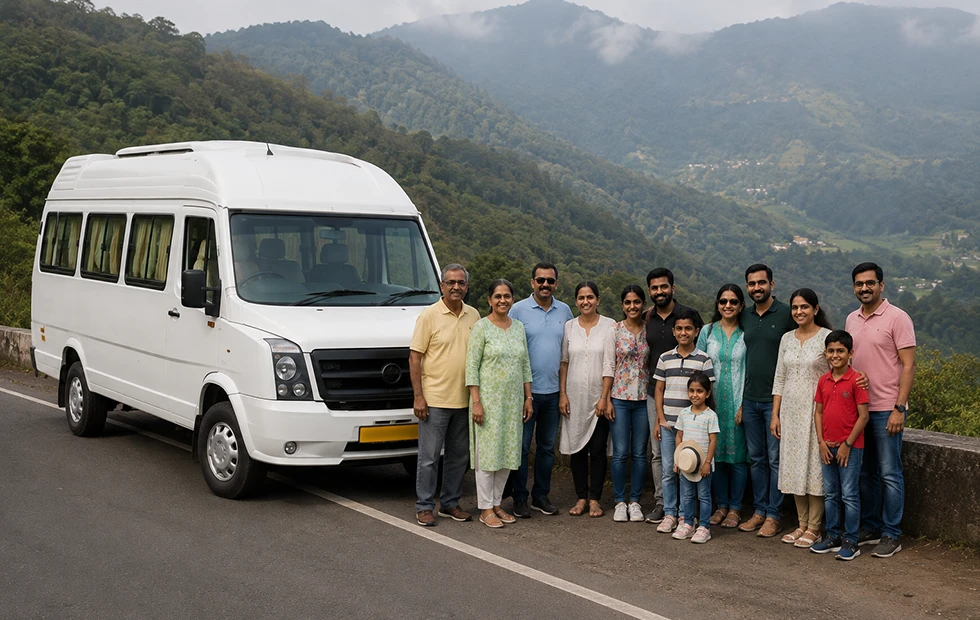 Family travelling to Ooty in an 18 seater tempo traveller booked from Coimbatore